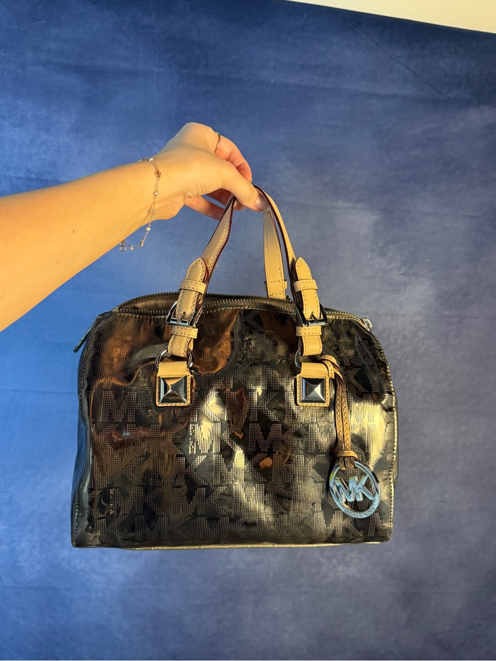 Michael Kors Silver Patent Logo Satchel with Tan Handles